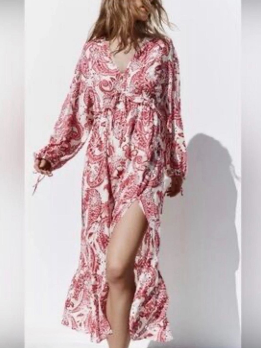 Zara Red and White Paisley Tie-Front Maxi Dress
